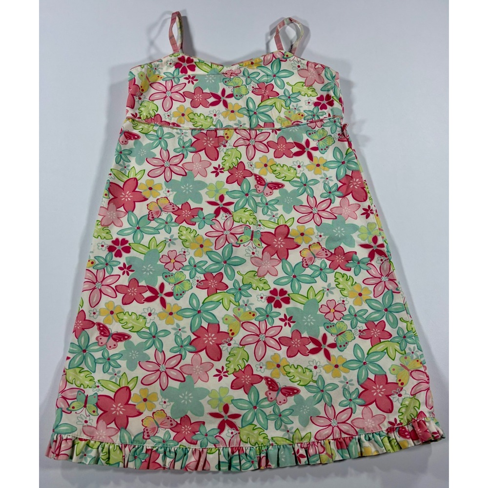 Vintage 2001 Gymboree Girls XL 6 Floral Butterfly Sun Dress Pink Blue Ruffle Hem